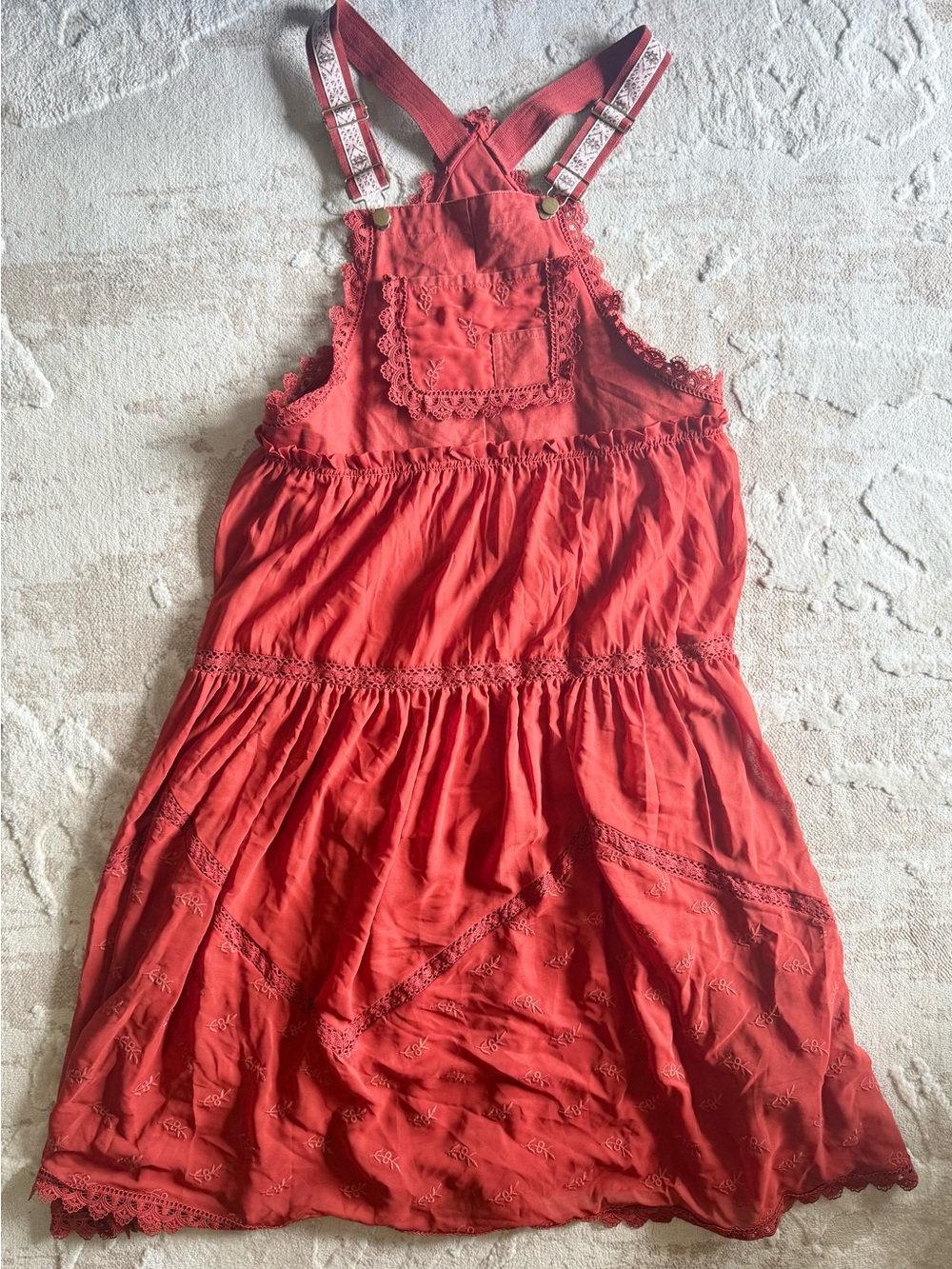 Coral Red Pinafore Sundress with Embroidered Lace Women's Size M